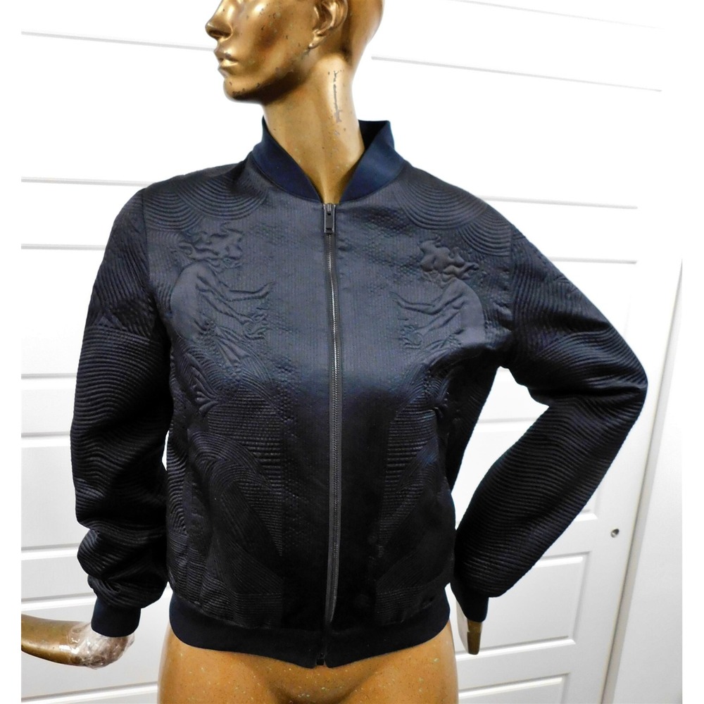 Alexander McQueen Black Mermaid Anchor Quilted Silk Zip Bomber Jacket‎ sz 46